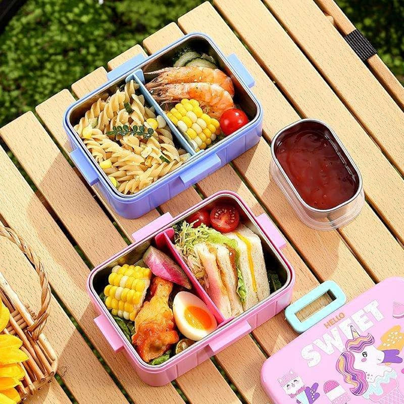 Dino 2-Compartment Stainless Steel Lunch Box with Sauce Container & Carry Handle