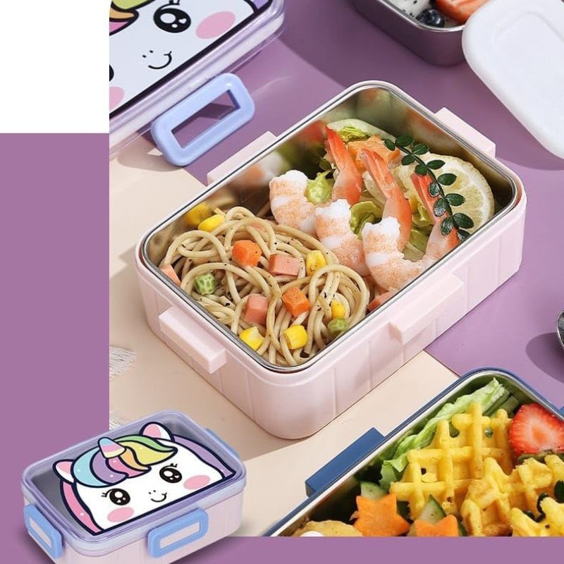 Cute Cartoon Stainless Steel Lunch Box – 2 Containers for Kids