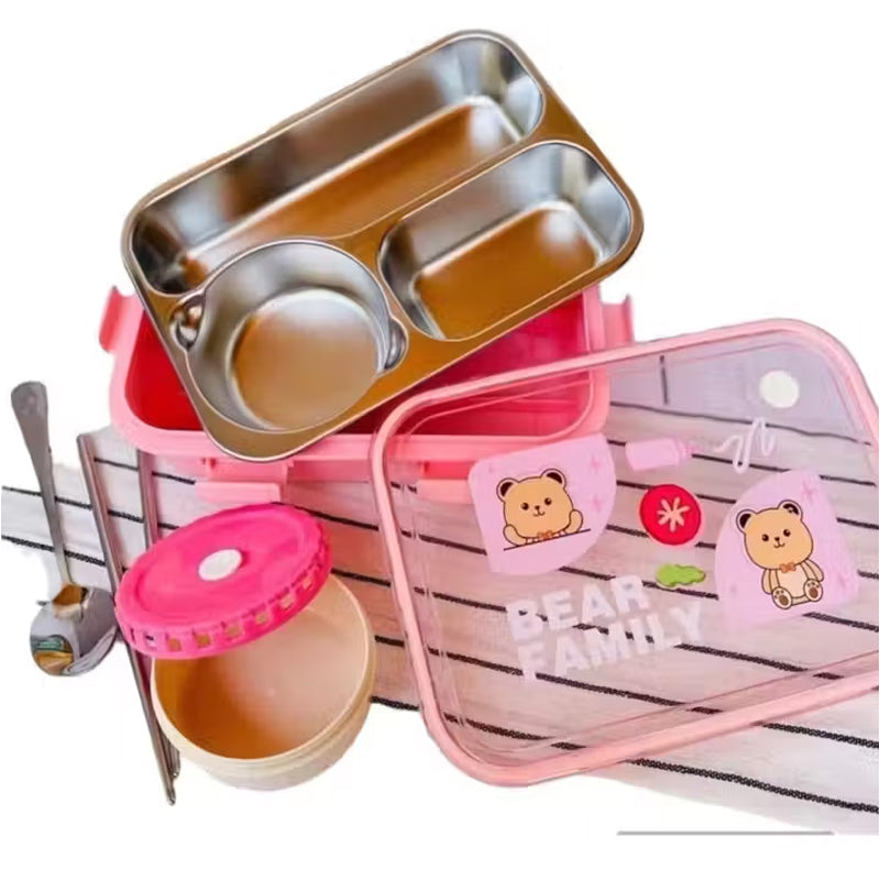 Bear Family 3-Compartment Stainless Steel Lunch Box with Sauce Container, Spoon & Chopsticks