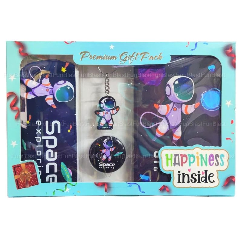 Space Theme Stationery Kit for Kids | Astronaut Pouch, A5 Ruled Diary, Key Chain & Badge Set | Return Gift Combo