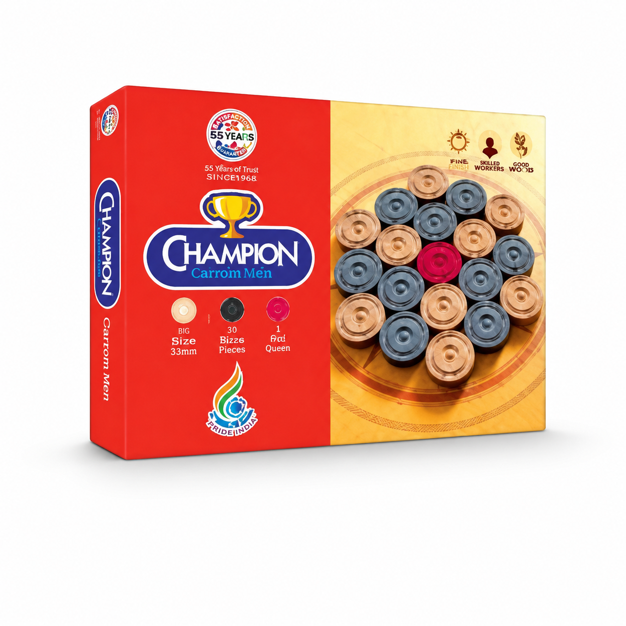 Champion Wooden Carrom Men Coins Set with Striker & Queen | Premium Carrom Board Accessories