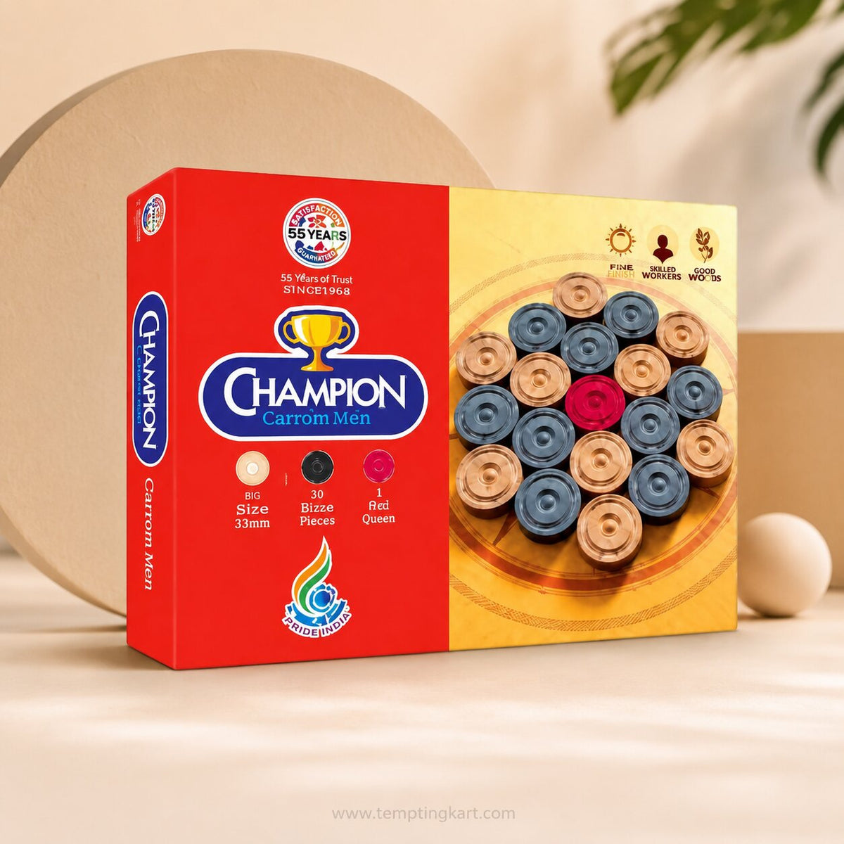 Champion Wooden Carrom Men Coins Set with Striker & Queen | Premium Carrom Board Accessories
