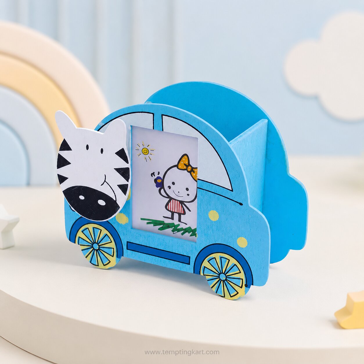 Colorful Wooden Cartoon Pen Holder with Photo Frame | Stationery Stand for Kids Desk & Study Table