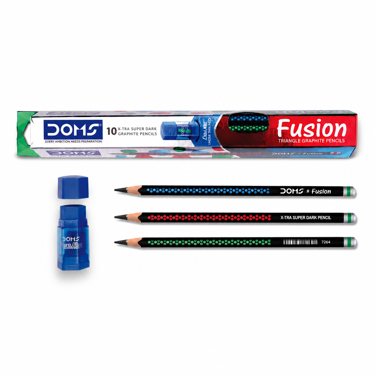 DOMS Fusion X-TRA Super Dark Triangular Graphite Pencils with Eraser – Pack of 10
