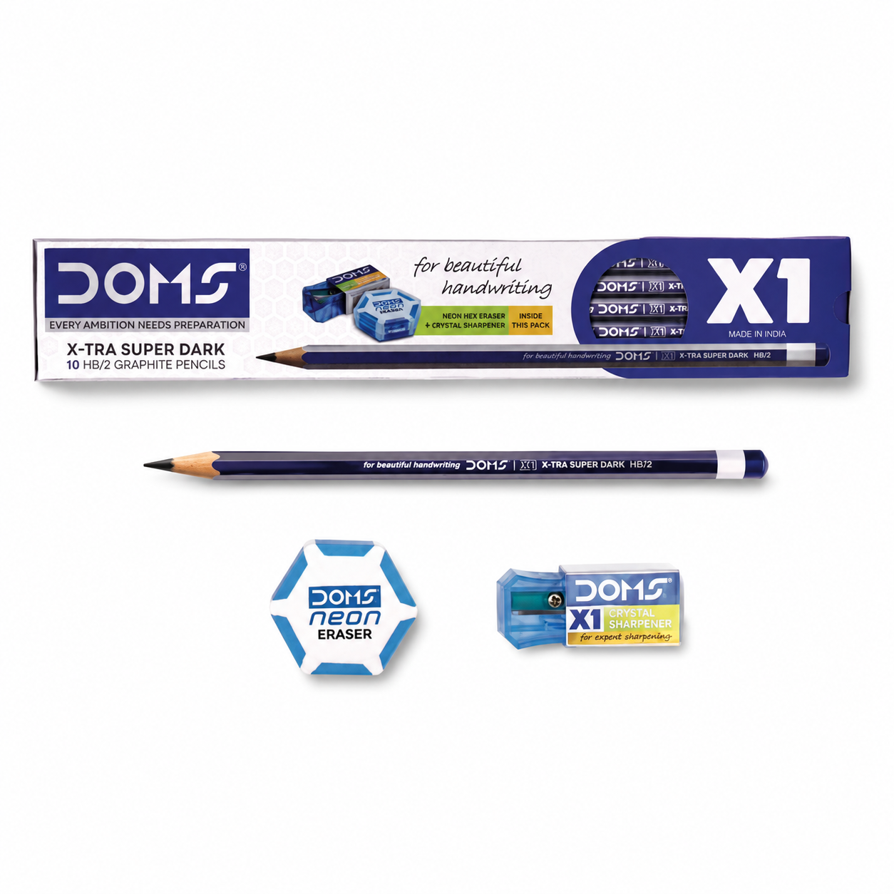 DOMS X1 | X-Tra Super Dark Graphite Pencils Set with Sharpener & Eraser | HB/2 Grade | Pack of 10
