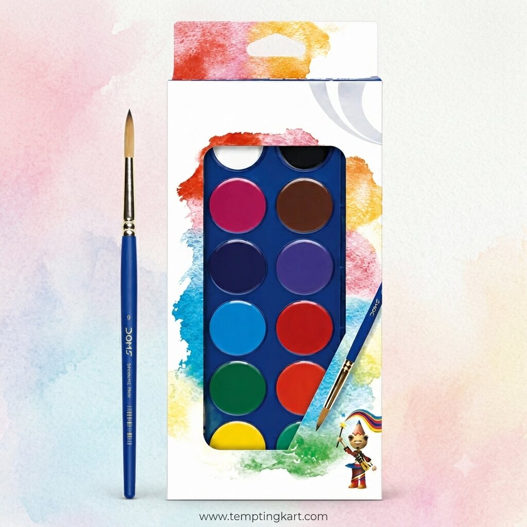 DOMS Aqua Colour Cakes Water Colour Set with Brush – 12 Vibrant Shades for Students & Beginners