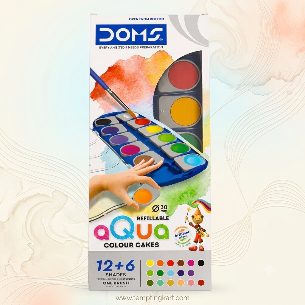 DOMS Aqua Colour Cakes Watercolour Paint Set with Brush – 18 Vibrant Shades for Students & Beginners