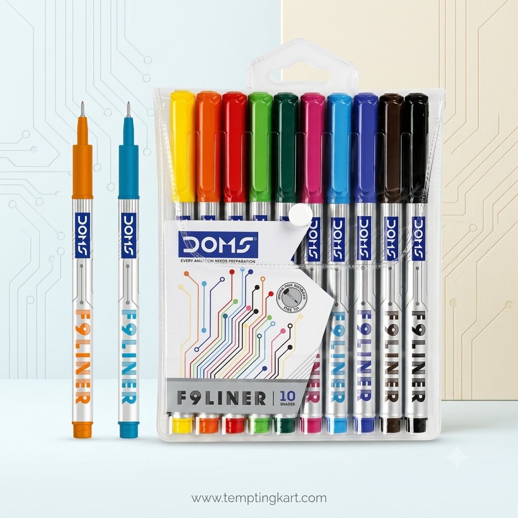 DOMS F9 Liner Pens Set of 10 Shades | Fine Tip Water-Based Sketch & Drawing Pens for Writing, Coloring & Detailing