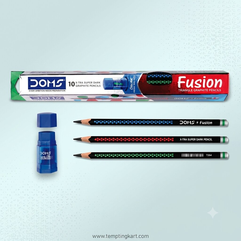 DOMS Fusion X-TRA Super Dark Triangular Graphite Pencils with Eraser – Pack of 10