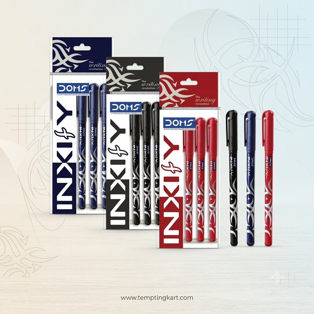 DOMS INXIFY Ball Pen 3 Pc Pouch Pack | 0.7mm Smooth Writing Ballpoint Pens | LV Ink Technology | Blue, Black & Red Ink