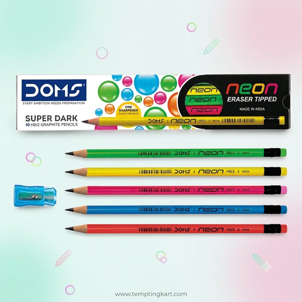 DOMS | Neon Eraser Tipped HB/2 Graphite Pencils | Pack of 10 with Sharpener