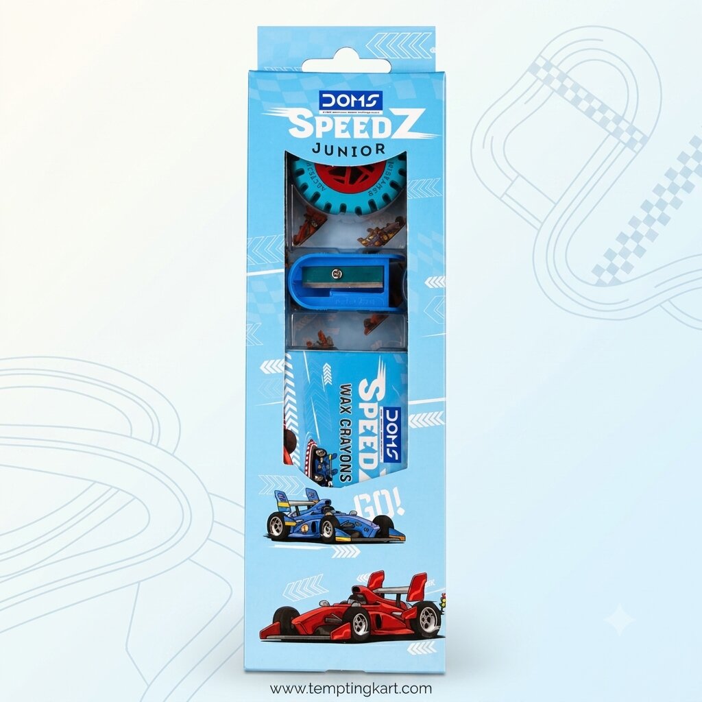 DOMS Speedz Junior Stationery Kit with Wax Crayons, Pencils, Eraser & Sharpener for Kids – 1 Set
