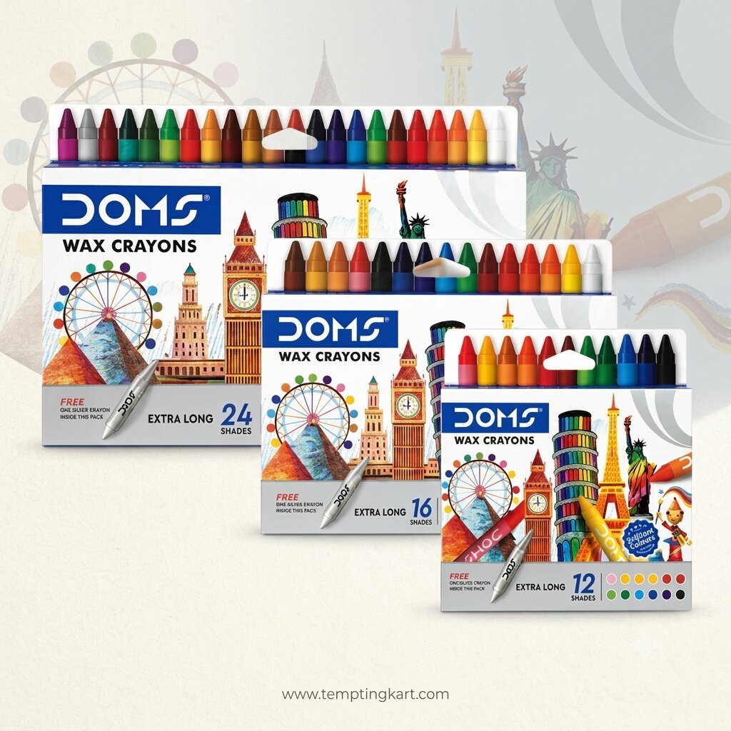 DOMS Wax Crayons Extra Long Set with Free Silver Crayon | 16 Shades | Smooth Coloring Crayons for Kids