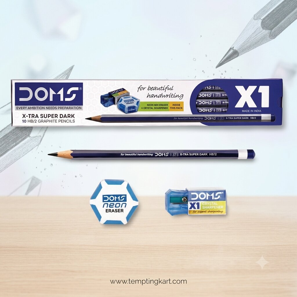 DOMS X1 | X-Tra Super Dark Graphite Pencils Set with Sharpener & Eraser | HB/2 Grade | Pack of 10