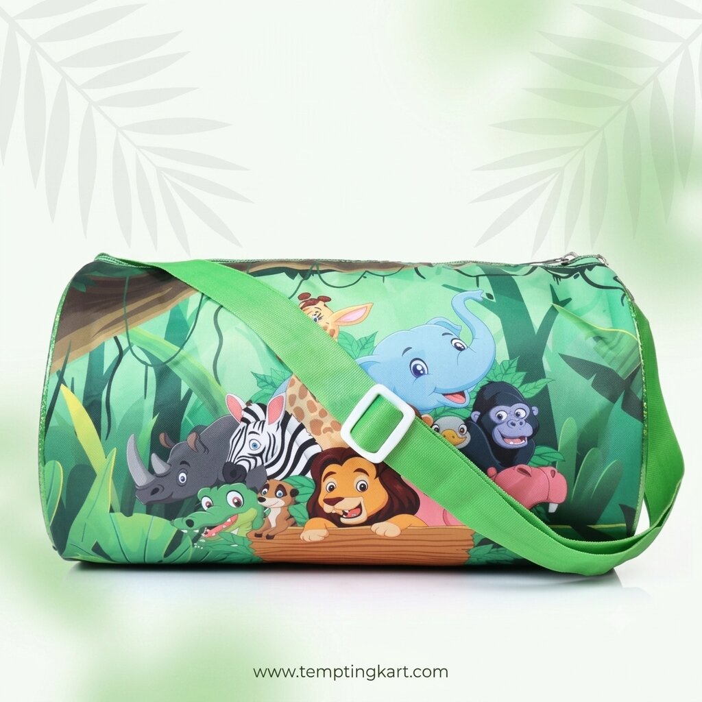 Green Jungle Animal Duffle Bag for Kids | Cute Cartoon Forest Design | Lightweight & Durable Travel Bag