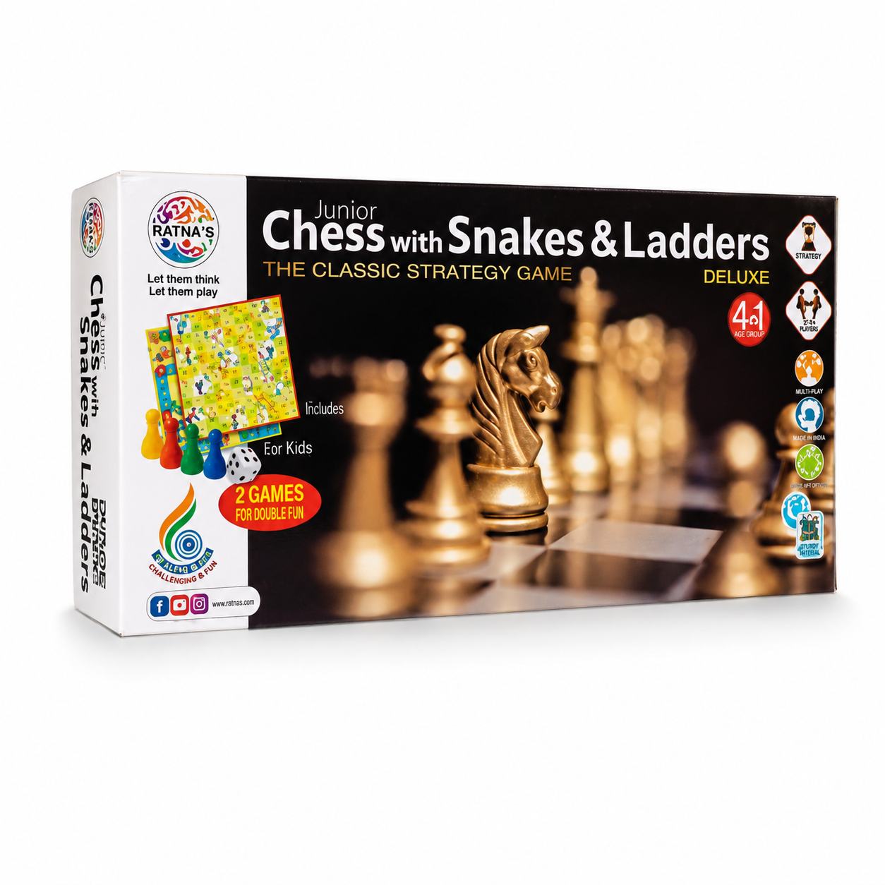 Junior Chess with Snakes & Ladders Deluxe Board Game for Kids & Family | 2-in-1 Strategy and Fun Learning Game