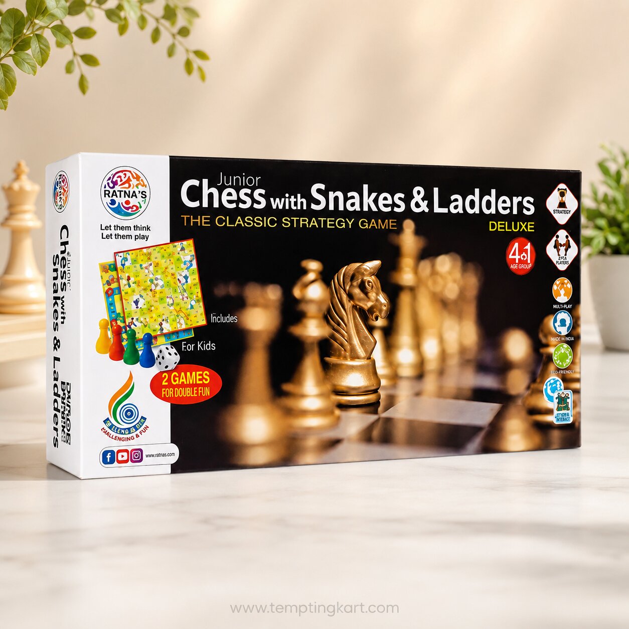 Junior Chess with Snakes & Ladders Deluxe Board Game for Kids & Family | 2-in-1 Strategy and Fun Learning Game