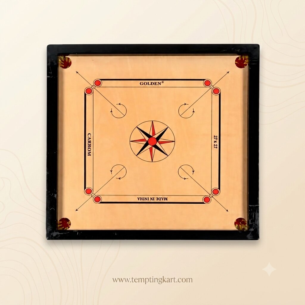 Jupiter Golden Bright 27x27 Inch Wooden Carrom Board – Smooth Playing Surface with Durable Frame