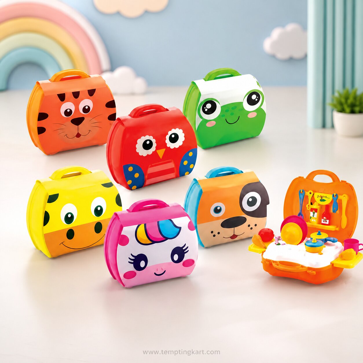 Kids Pretend Play Kitchen Set in Cute Animal Carry Case – Portable Cooking Toy Set for Children