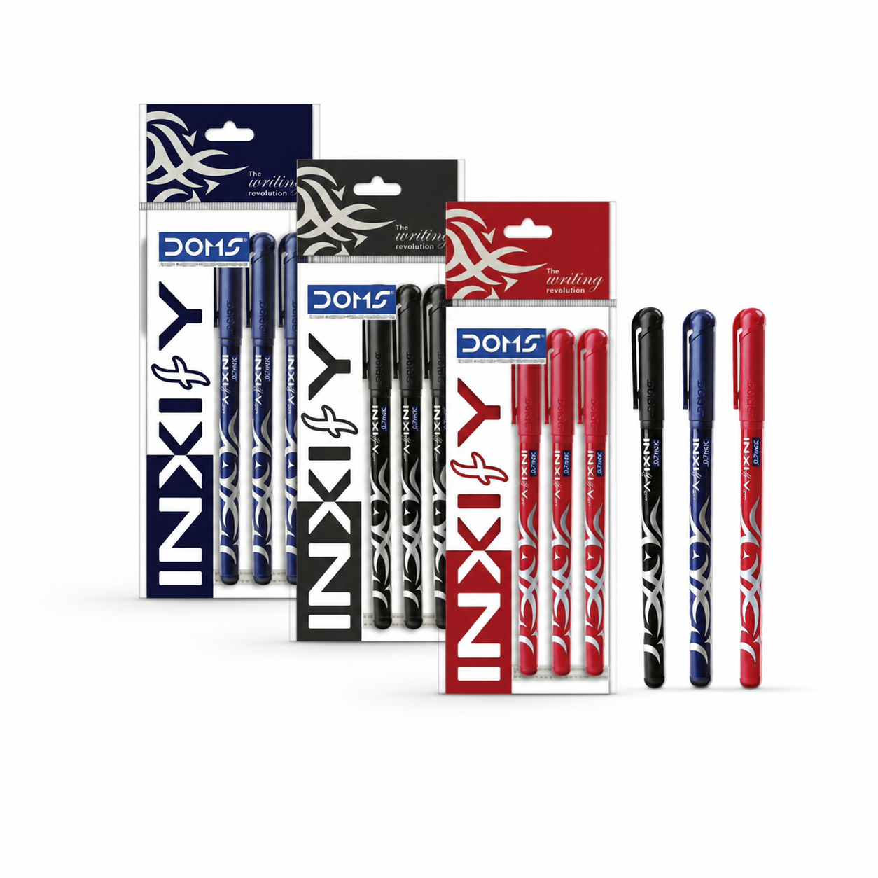 DOMS INXIFY Ball Pen 3 Pc Pouch Pack | 0.7mm Smooth Writing Ballpoint Pens | LV Ink Technology | Blue, Black & Red Ink