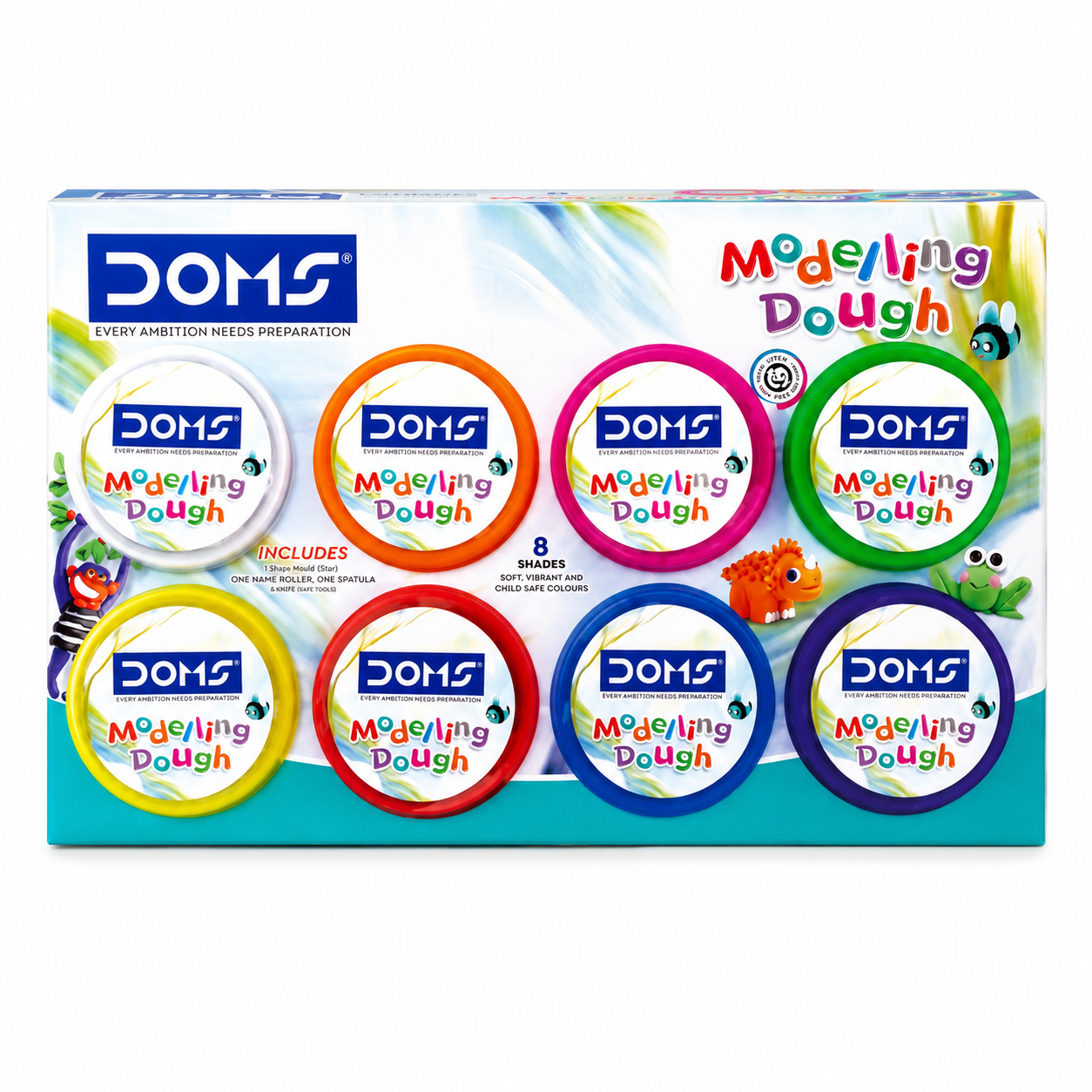 DOMS Modelling Dough Set 8 Shades with Shape Toys, Roller & Spatula | Non-Toxic Soft Clay for Kids Art & Craft