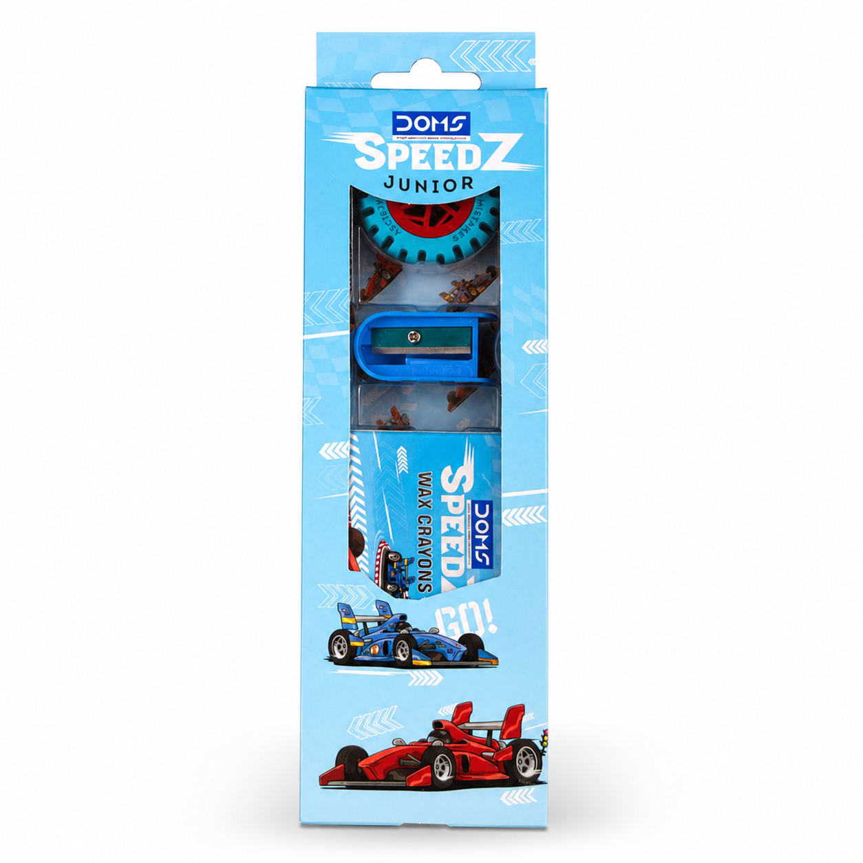 DOMS Speedz Junior Stationery Kit with Wax Crayons, Pencils, Eraser & Sharpener for Kids – 1 Set