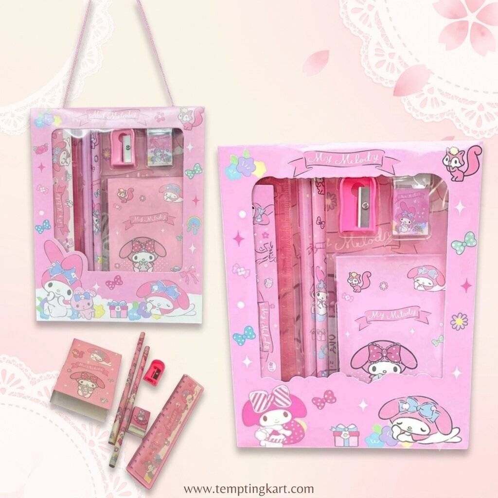 Stationery Set | 6-Piece Cute School Supplies Kit for Students – Notebook, Pencil, Eraser, Crayons, Sharpener & Ruler