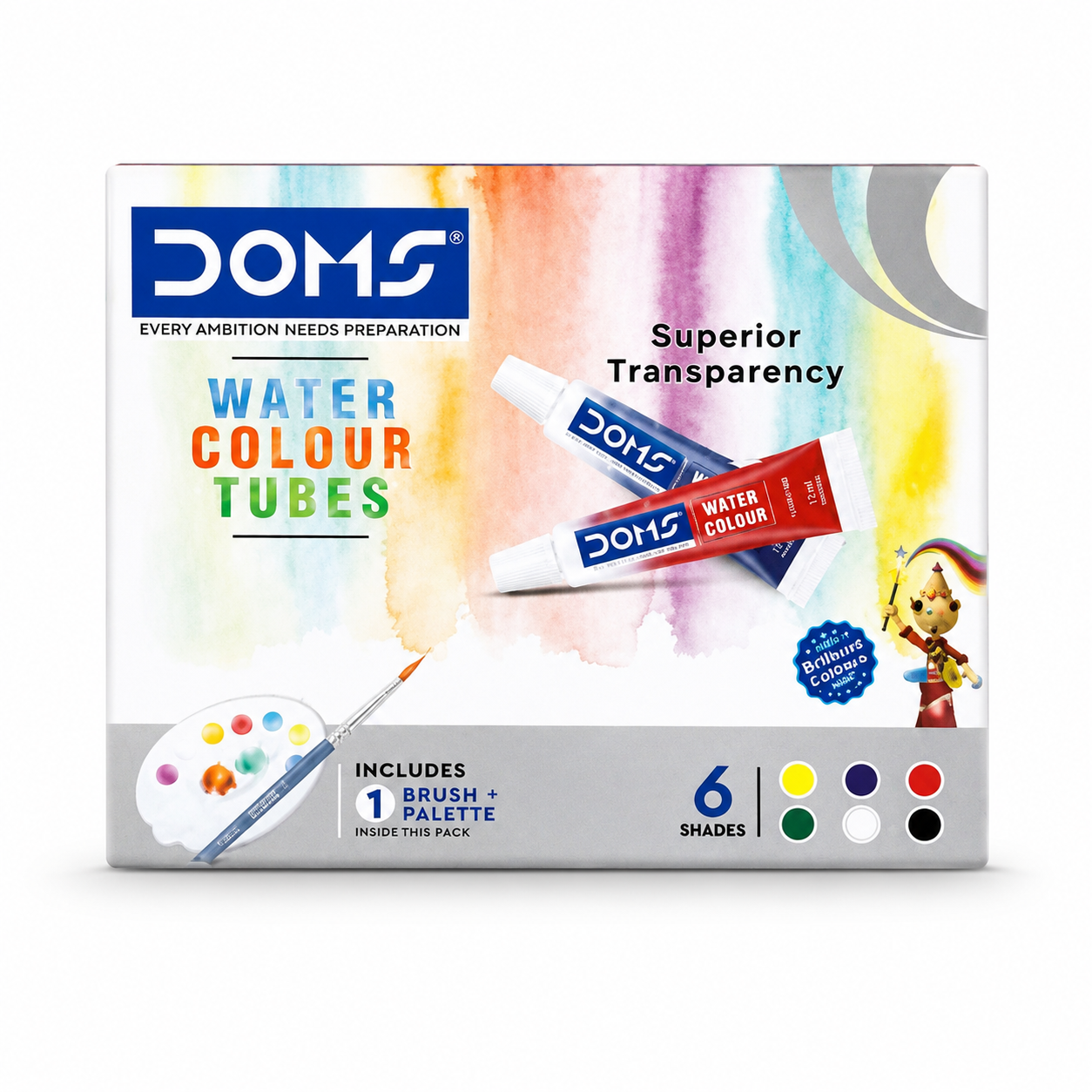 DOMS Water Colour Tubes Set of 6 Shades with Brush & Mixing Palette | Superior Transparency Watercolors for Kids, Students & Artists
