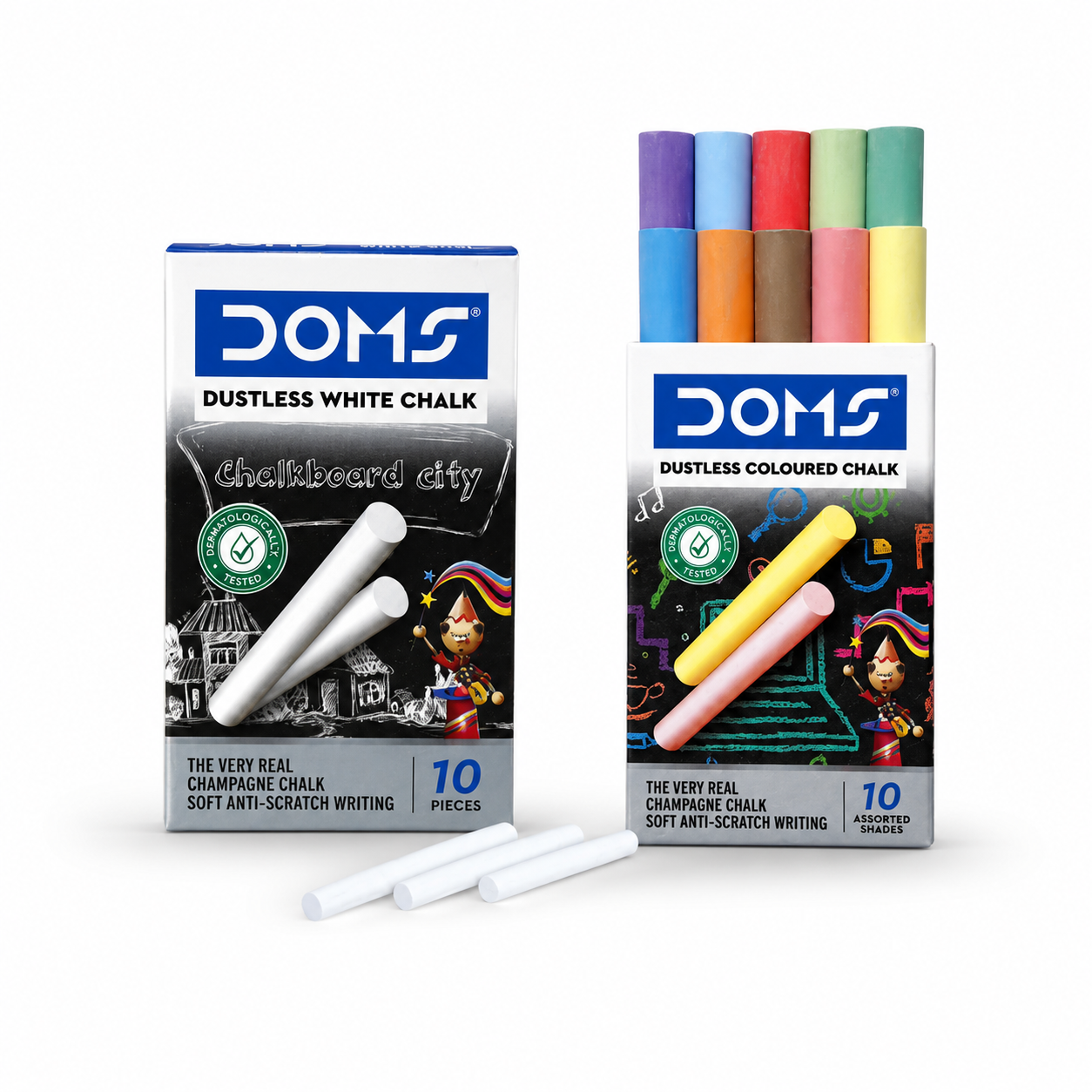 DOMS Dustless Chalk Pack – White & Assorted Colour Chalks for Classroom, School & Home Use (10 Pieces)
