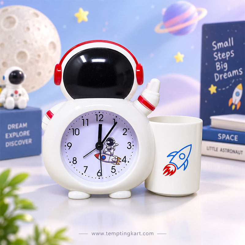 Rocket Astronaut Alarm Clock with Pencil Holder | Kids Study Table Clock & Stationery Organizer