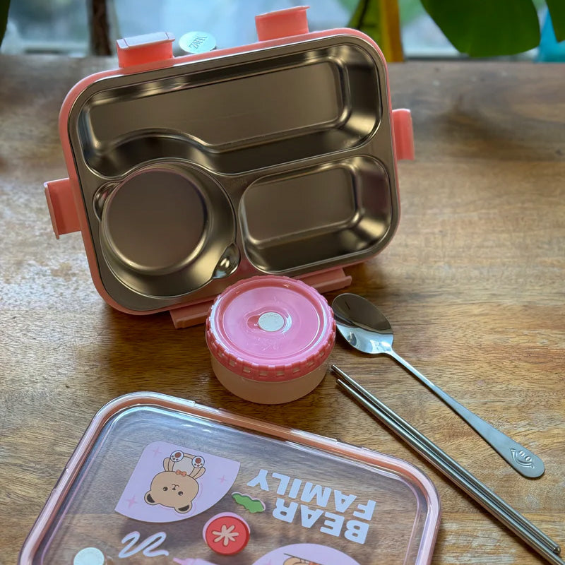 Bear Family 3-Compartment Stainless Steel Lunch Box with Sauce Container, Spoon & Chopsticks