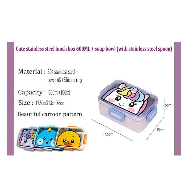 Cute Cartoon Stainless Steel Lunch Box – 2 Containers for Kids