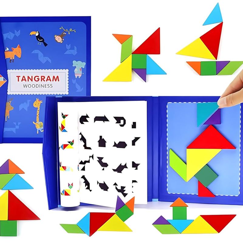 Wooden Tangram Puzzle with Magnetic Book – Educational Toy for Kids 3+w