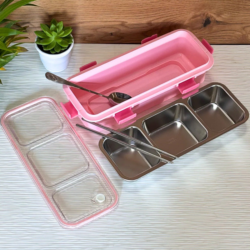 3-Compartment Stainless Steel Lunch Box with Spoon & Chopsticks | Leakproof Bento Meal Container