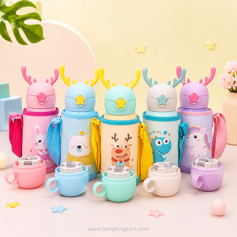 Cute Deer Stainless Steel Water Bottle – Kids Insulated Sipper Bottle with Cup