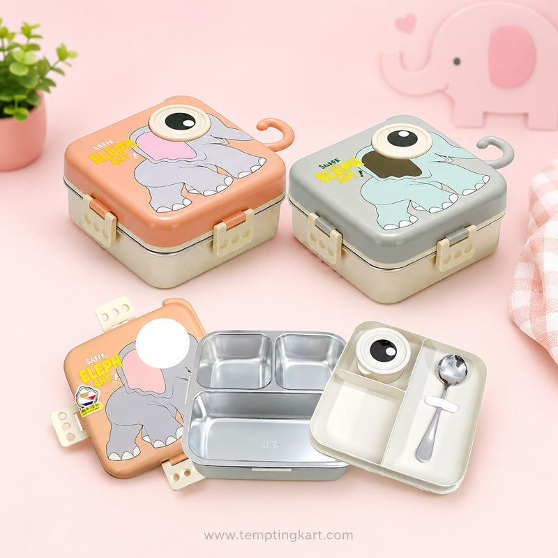 Cute Elephant 3-Compartment Stainless Steel Lunch Box with Spoon – Leakproof Bento Lunch Box for Kids