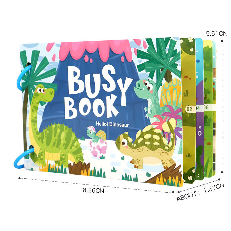 Children's busy book with dinosaur illustrations and measurements on a white background
