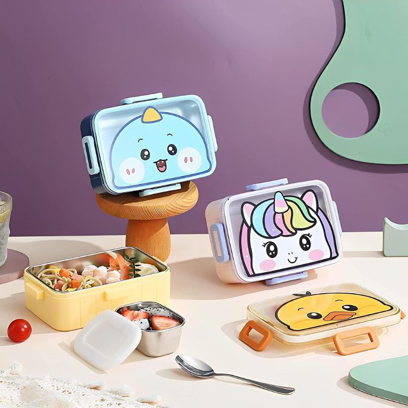 Cute Cartoon Stainless Steel Lunch Box – 2 Containers for Kids
