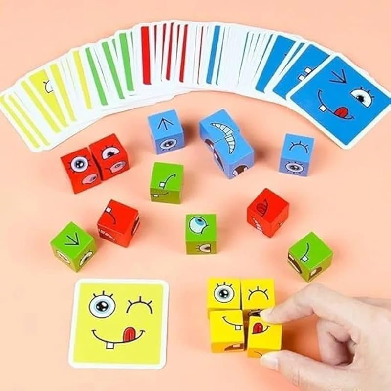Wooden Face Cube Change Puzzle for Kids – Emoji Expressions Matching Game