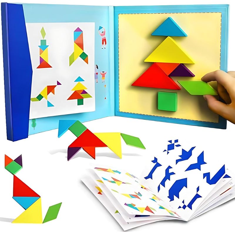 Wooden Tangram Puzzle with Magnetic Book – Educational Toy for Kids 3+w