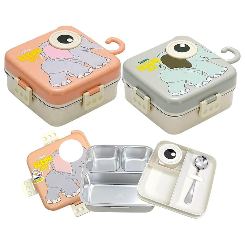 Cute Elephant 3-Compartment Stainless Steel Lunch Box with Spoon – Leakproof Bento Lunch Box for Kids