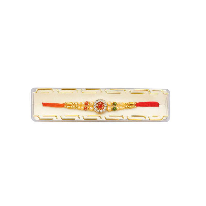 Rakhi on a decorative card with a white background