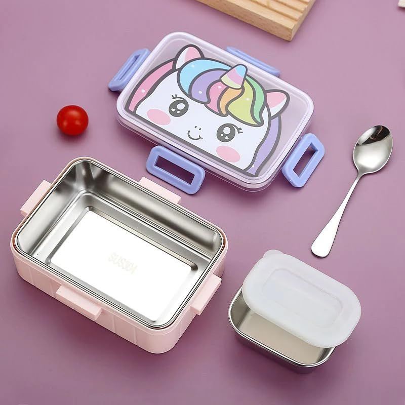 Cute Cartoon Stainless Steel Lunch Box – 2 Containers for Kids