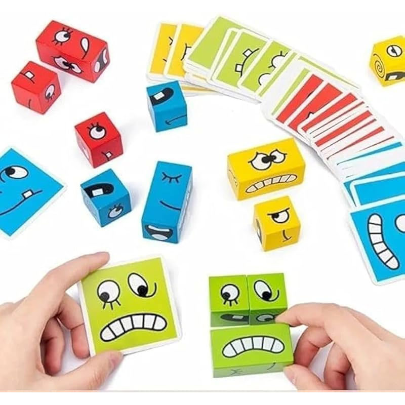 Wooden Face Cube Change Puzzle for Kids – Emoji Expressions Matching Game
