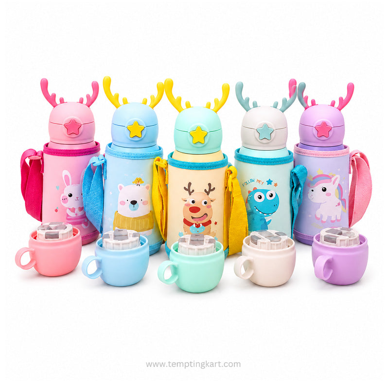 Cute Deer Stainless Steel Water Bottle – Kids Insulated Sipper Bottle with Cup