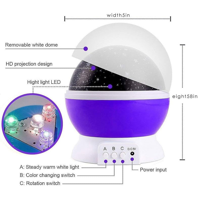 Purple and white starry night light with features labeled and dimensions shown