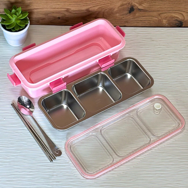 3-Compartment Stainless Steel Lunch Box with Spoon & Chopsticks | Leakproof Bento Meal Container