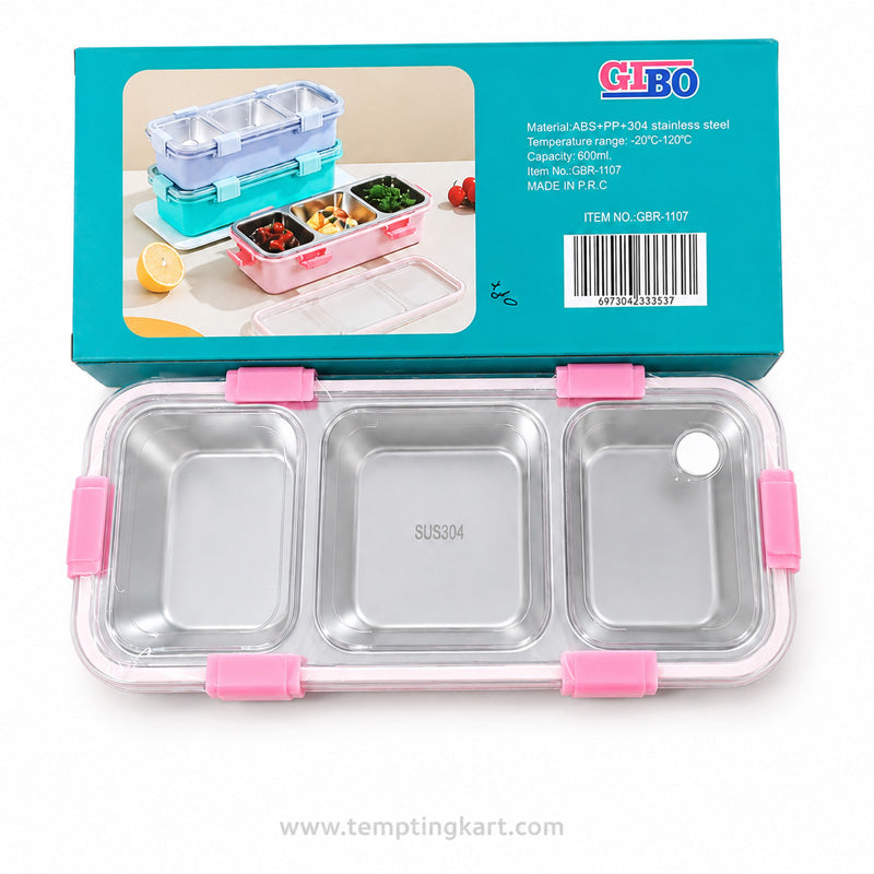 3-Compartment Stainless Steel Lunch Box with Spoon & Chopsticks | Leakproof Bento Meal Container
