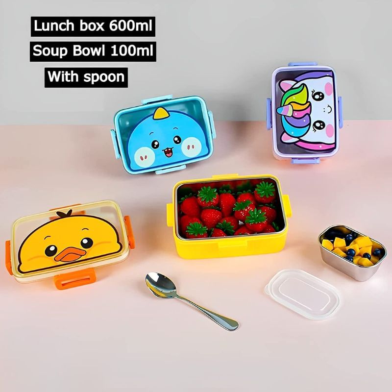 Cute Cartoon Stainless Steel Lunch Box – 2 Containers for Kids
