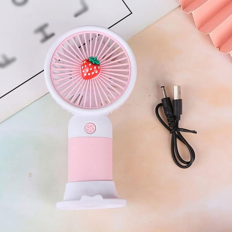 Pink handheld fan with strawberry design and USB cable on a gradient background